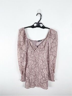 FASHION NOVA Rose Gold Lace Sequins V-Neck Long Puff Sleeves Mini Dress Small